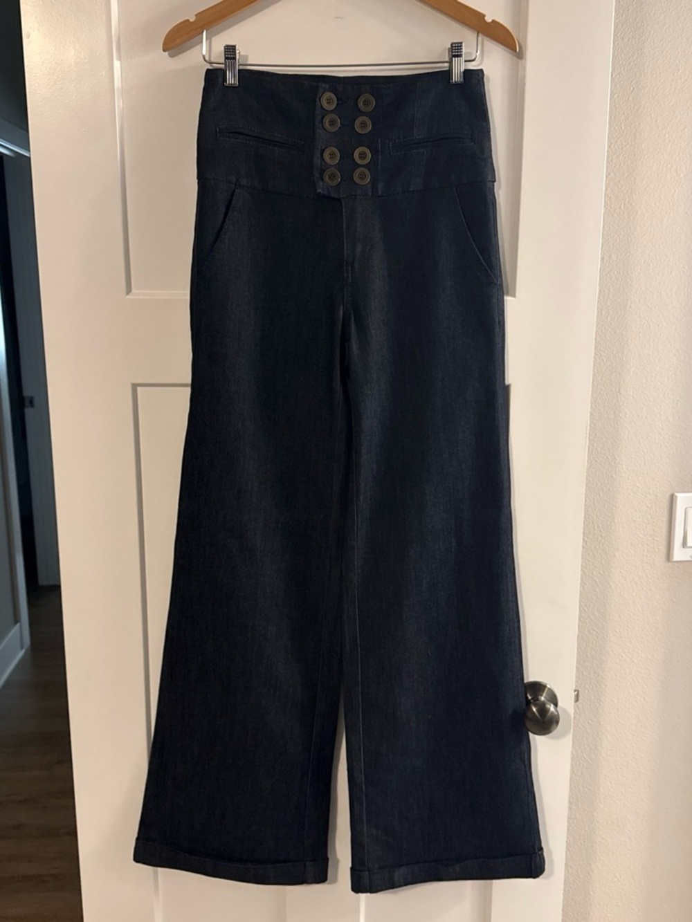 Arden B High-Waist Wide-Leg Dark Blue Jeans with Button Waist